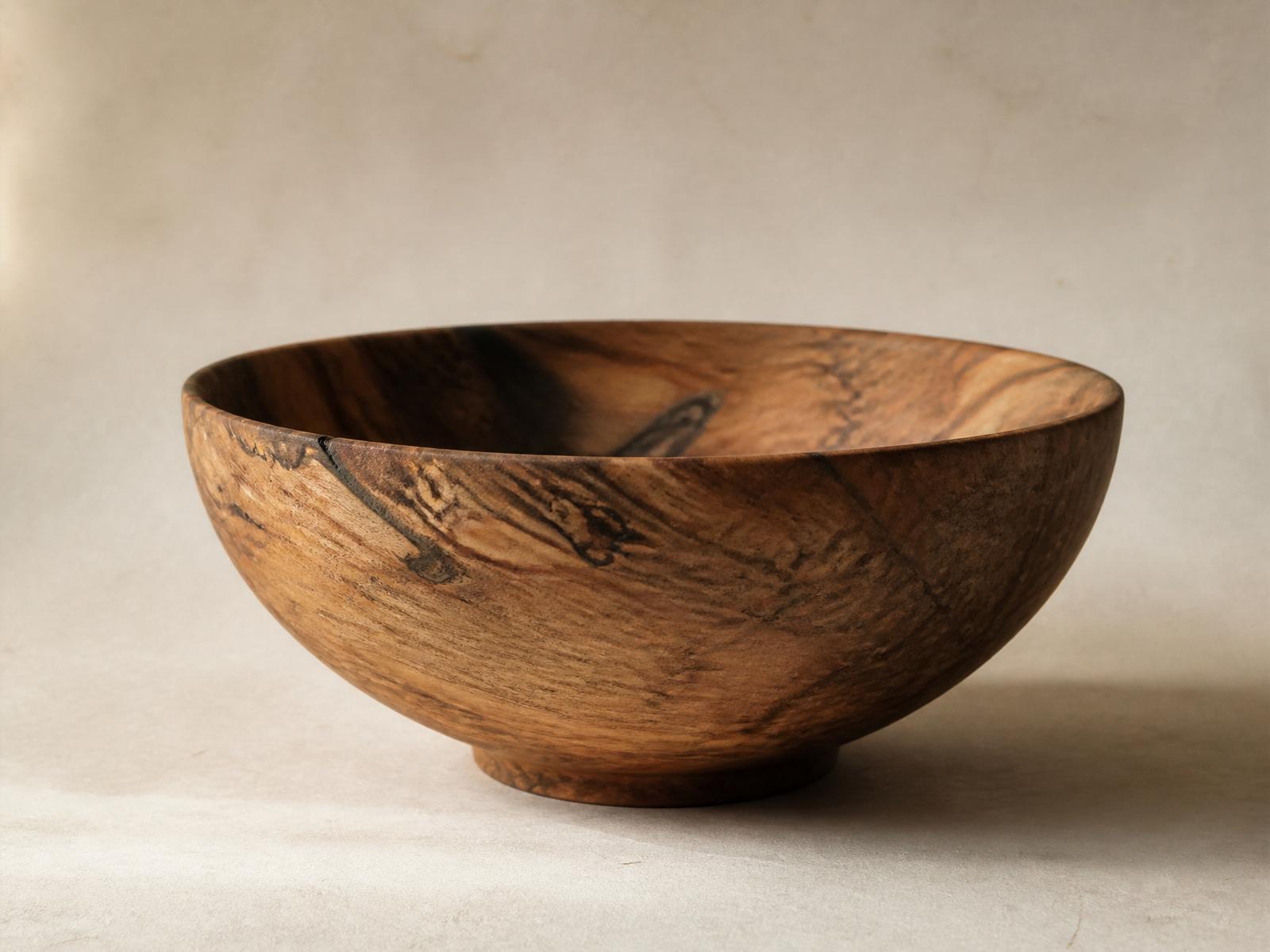 A hand-turned spalted wood bowl on warm off-white paper, lit by soft daylight.